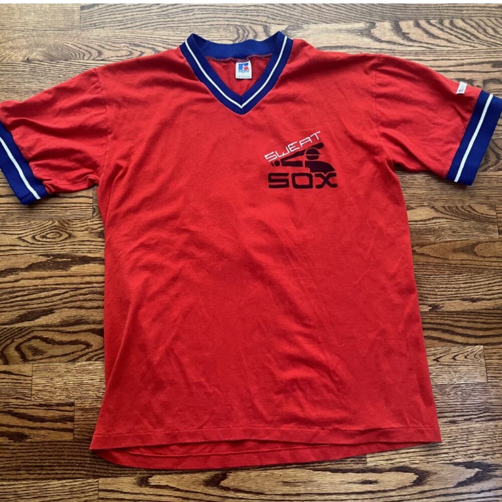 Vintage 90’s Red White Blue -Sweat Sox- USA Jersey V neck Russell Athletic #6